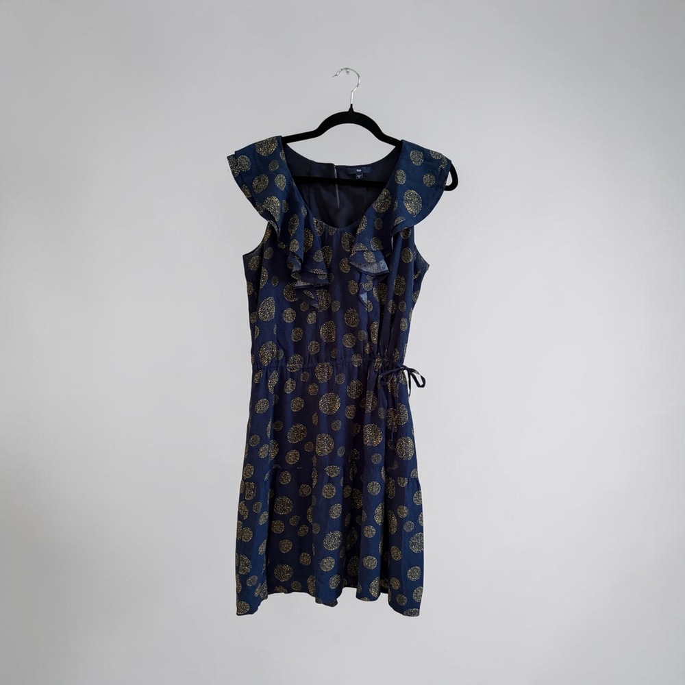 GAP Womens Dress Sz S Navy Blue Yellow Circle Dot Print Ruffle Neck Sleeveless
